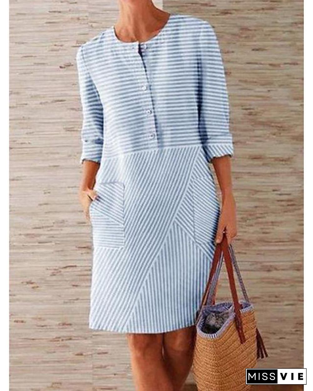 Women's Shift Dress Knee Length Dress - 3/4 Length Sleeve Striped Solid Color Clothing Summer Hot Casual Holiday Loose Blue Green Gray S M L XL XXL 3XL