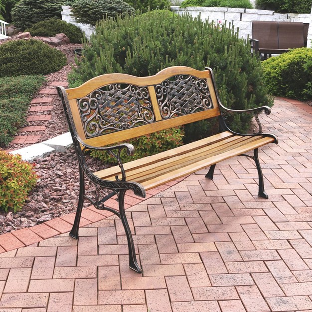 Sunnydaze 2 person Ivy Crossweave Design Cast Iron And Wood Frame Outdoor Garden Bench