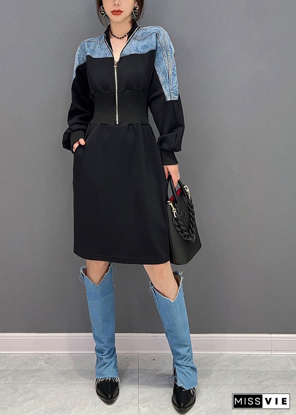 Slim Fit Black V Neck Zippered Patchwork Denim Maxi Dresses Long Sleeve