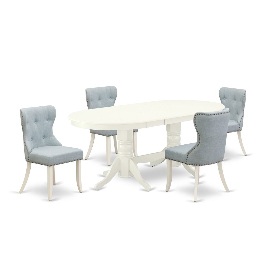 East West Furniture Kitchen Table Set  Oval Wooden Table and Baby Blue Linen Fabric Chairs  Linen White(Pieces Options)