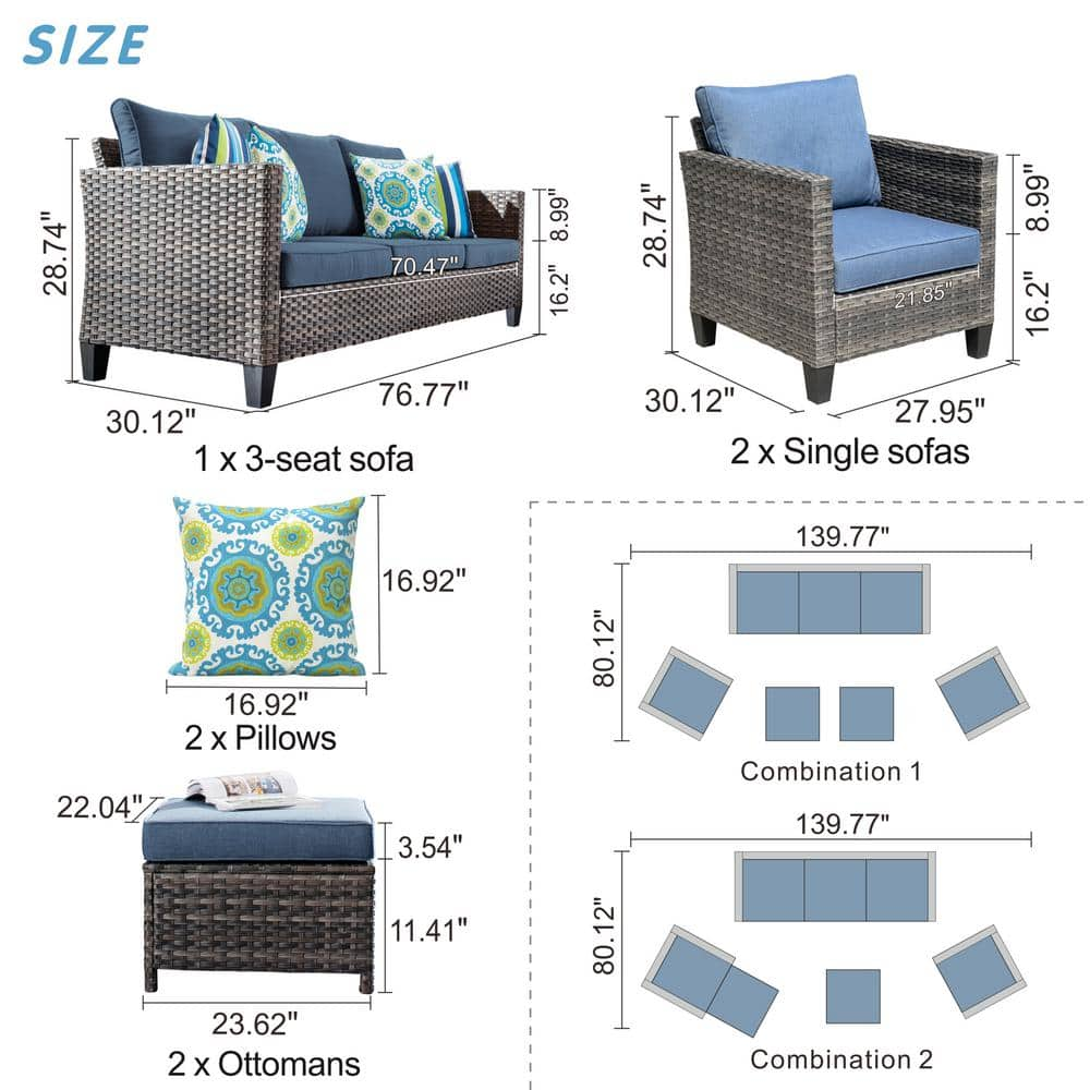 OVIOS New Vultros Gray 5-Piece Wicker Outdoor Patio Conversation Seating Set with Blue Cushions GRS302