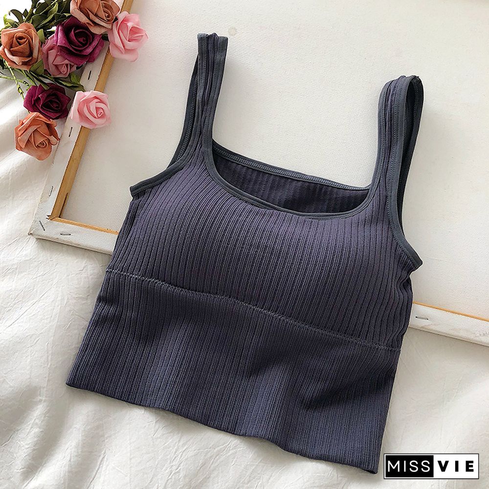 Pearl Diary Bra Tops Summer V Neck Rib Crop Tank Top With Detachable Bra Pads Sleevelss Solid Color Backless Sporty Bra Top