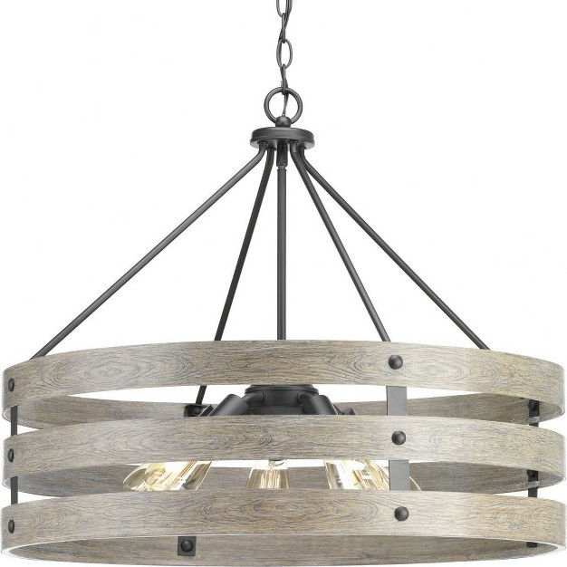 Progress Lighting Gulliver 5 light Pendant Steel Graphite Open Design Galvanized With Antique White Accents Wood Grained Texture