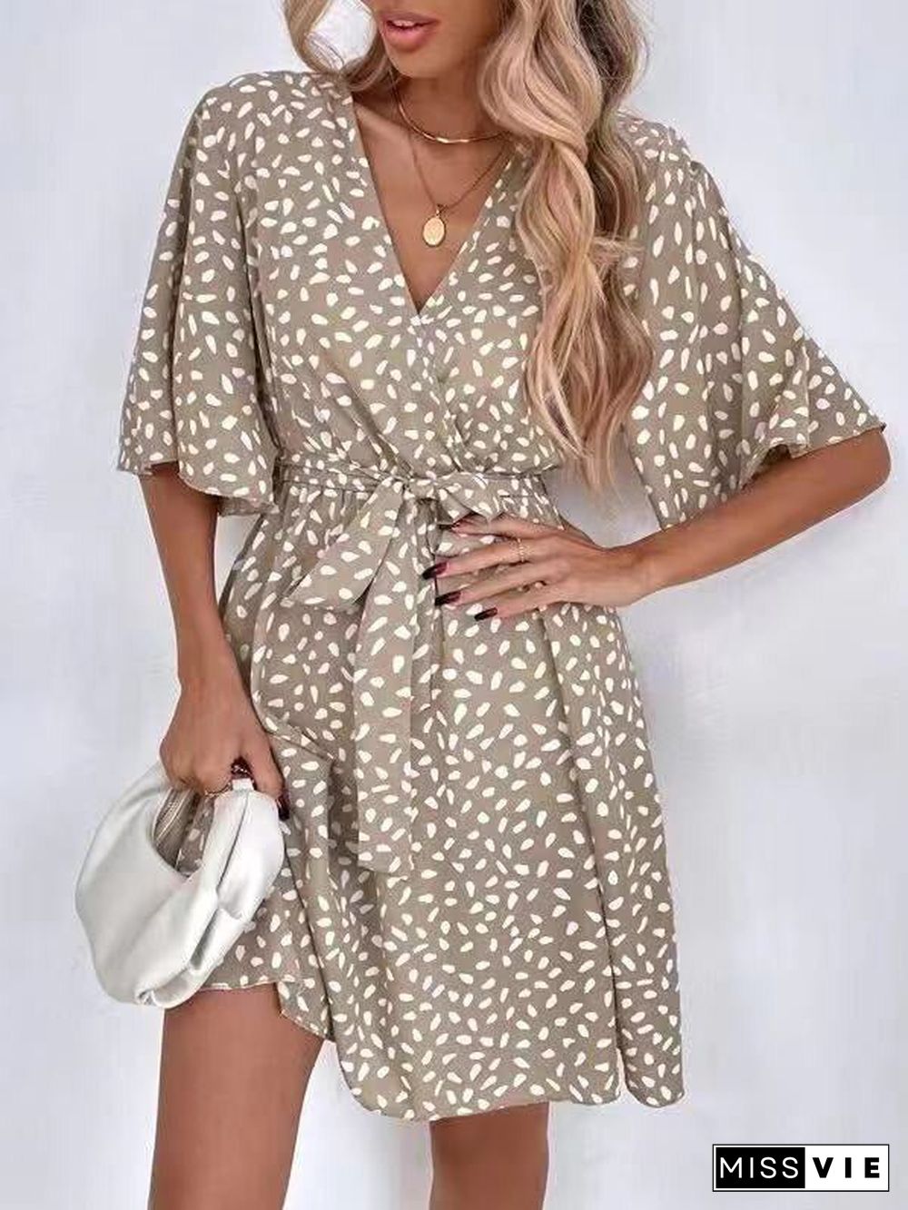 Women'S Dresses V-Neck Print Belted Short Sleeve Dress