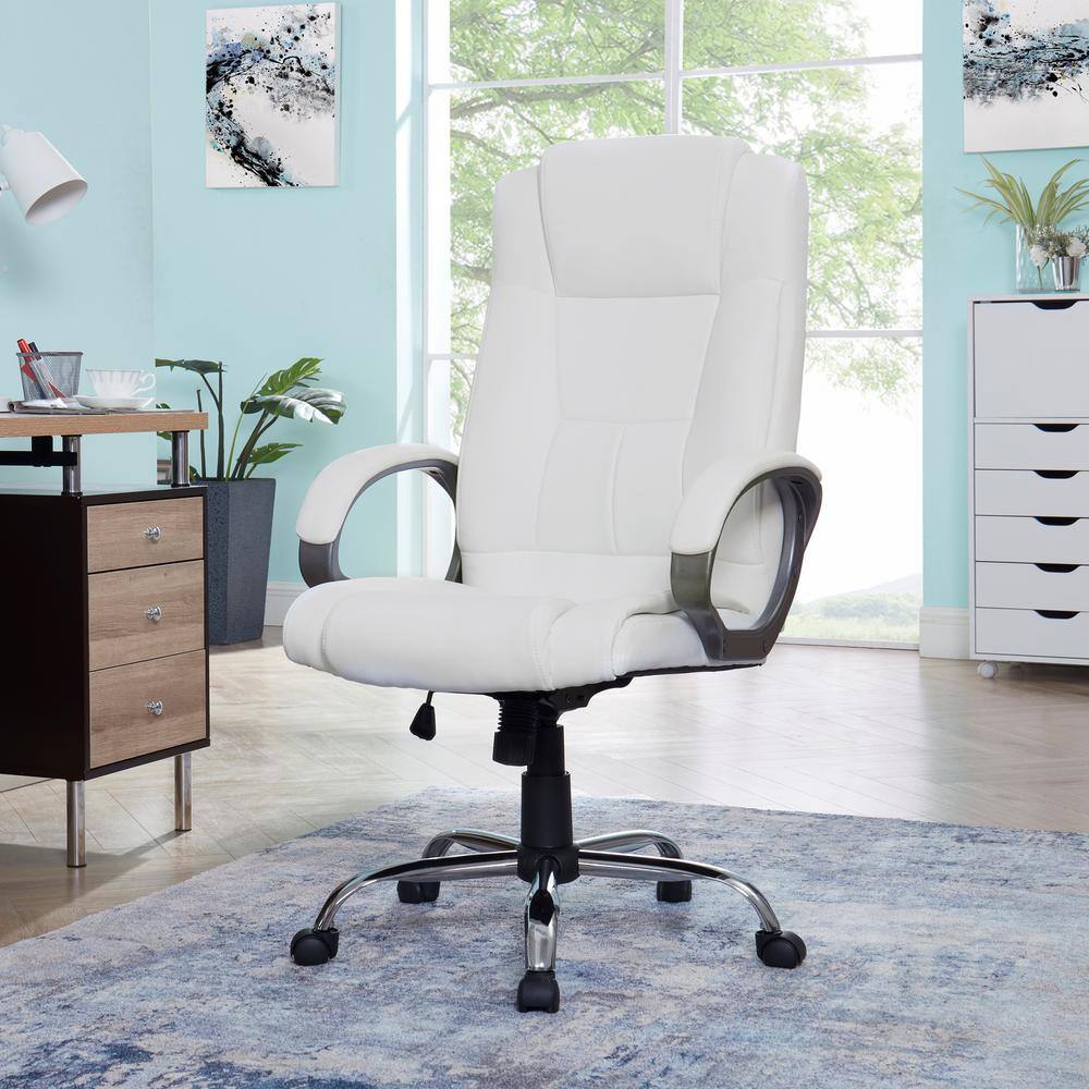 HOMESTOCK White High Back Executive Premium Faux Leather Office Chair with Back Support Armrest and Lumbar Support 99324