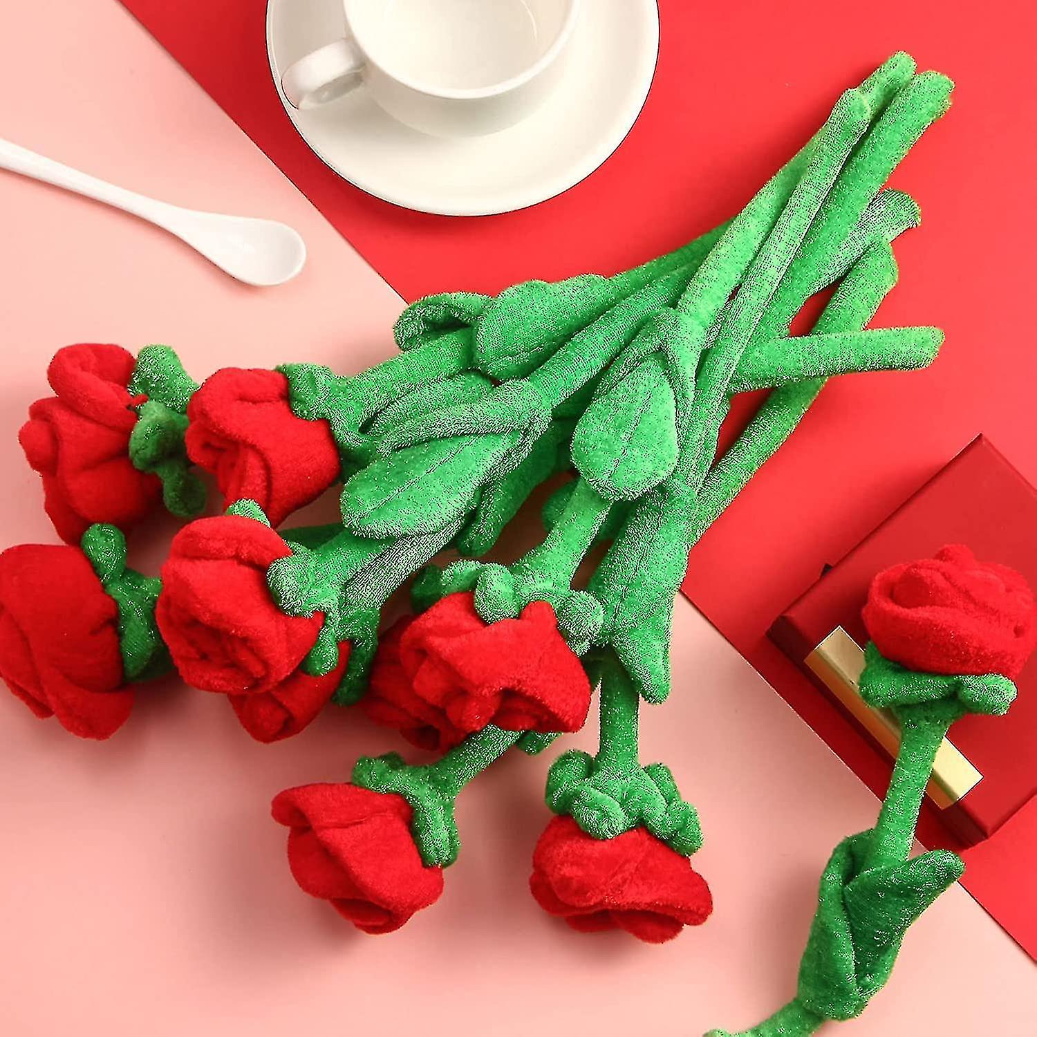 10/18 Pcs Plush Rose Flower Stuffed Rose Flower Bendable Stems Plush Bouquet Toy Soft Rose Flower 12