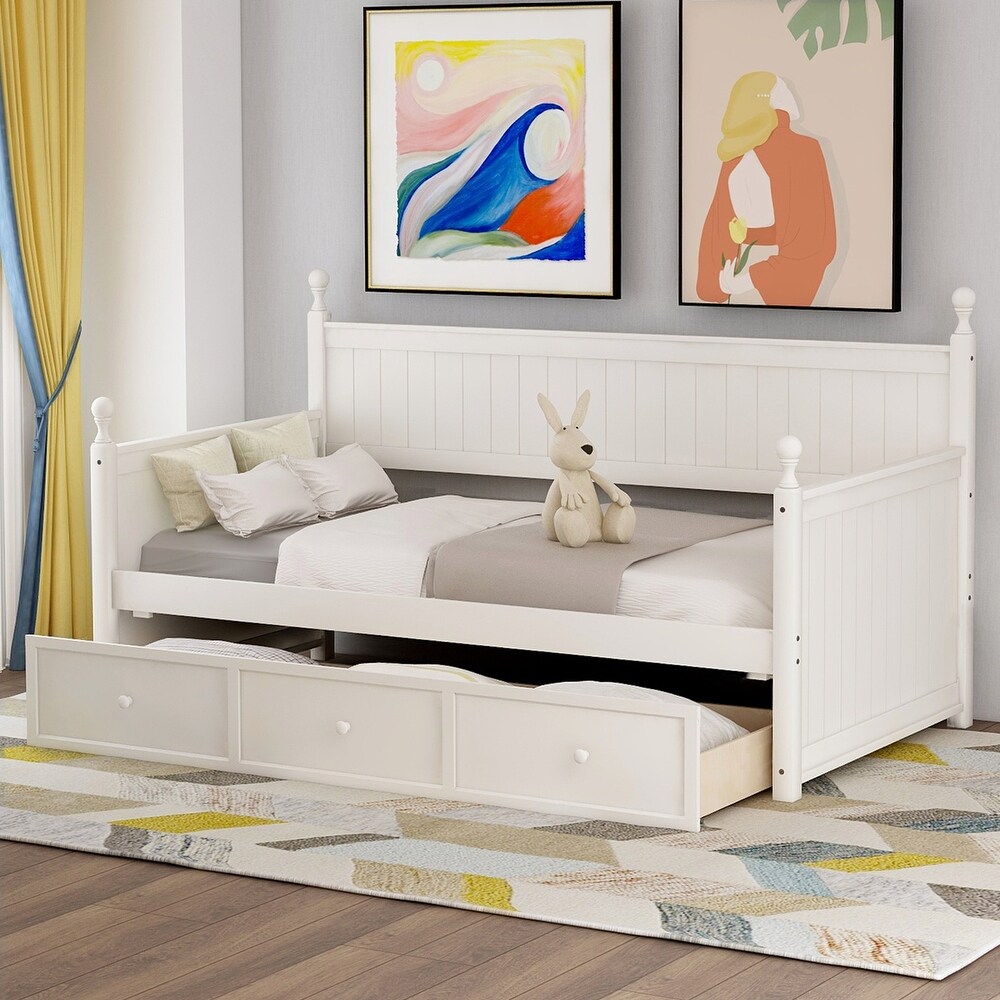 Wood Daybed with Three Drawers  Twin Size Daybed No Box Spring Needed for Bedroom  White