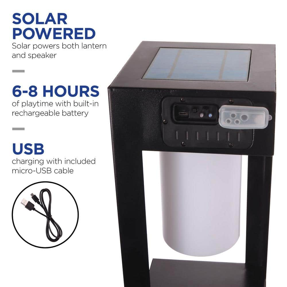 Alpine Corporation 24 in. H Black Modern Outdoor Solar-Powered Metal Lantern with 1 Pendant LED-Light and Bluetooth Speaker SKY426SLR