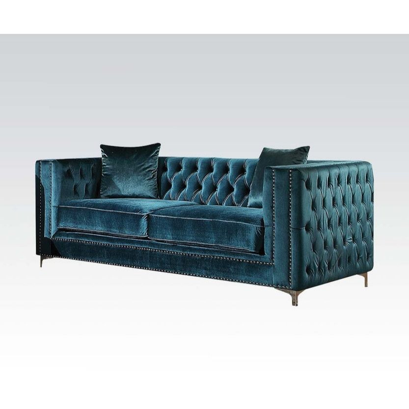 Gillian Loveseat With2 Pillows  Dark Teal Velvet   Midcentury   Loveseats   by Homesquare  Houzz