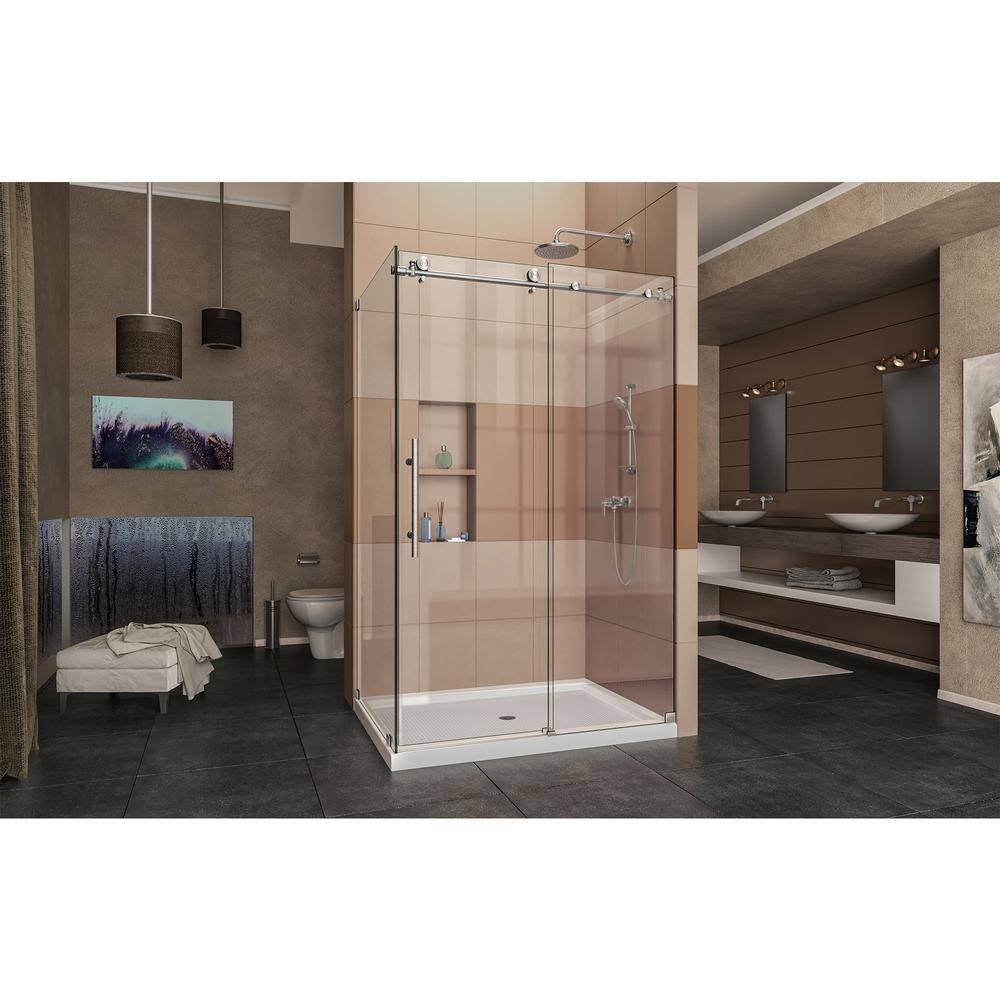 DreamLine Enigma-X 34 12 in. D x 48-38 in. W x 76 in. H Frameless Sliding Corner Shower Enclosure in Brushed Stainless Steel SHEN-6134480-07