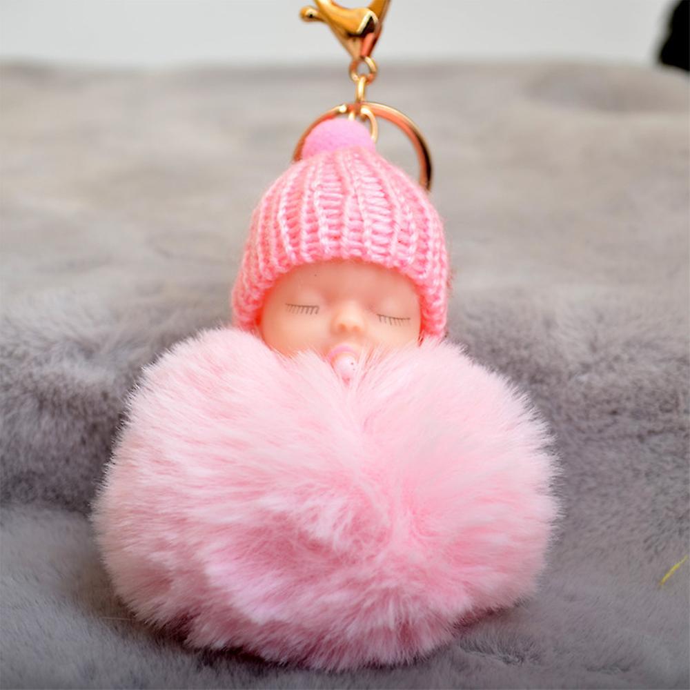 Cute Nipple Knitted Hat Sleeping Baby Doll Fake Fur Fluffy Lovely Ball Keychain Bag Key Rings Car Key Pendant Ornaments Gifts Style 3  5