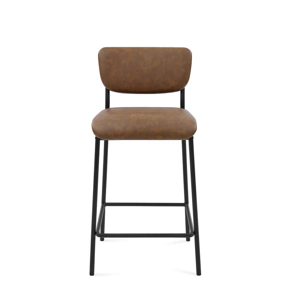 34.50 in. Brown Low Back Metal Bar Stools Dining Chair Counter Stools with Footrest and Faux Leather Seat (Set of 2) HY02010Y