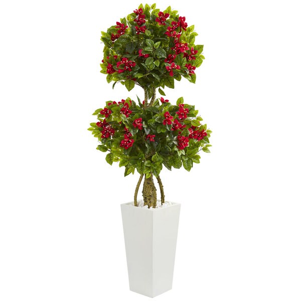 5' Double Bougainvillea Artificial Tree in White Tower Planter