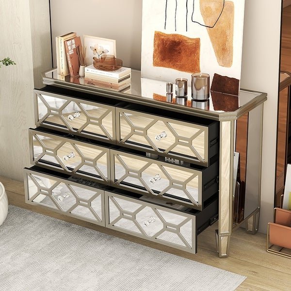 Elegant Mirrored 6-Drawer Dresser with Golden Lines Storage Cabinet - - 37857287