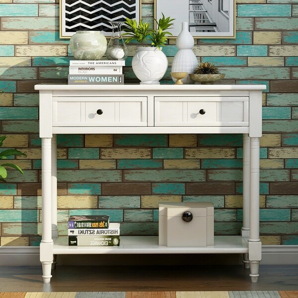 Vintage Console Table w/2 Drawers and Shelf，Pine Wood Frame(Ivory White)