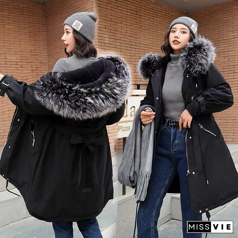 Fashion Long Lamb Hair Liner Parker Cotton Jacket Coat New Warm Women'S Winter Jackets Belt Big Faux Fur Coats Parkas