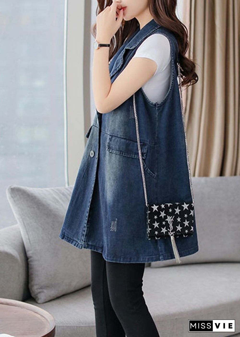 Elegant Blue Notched Patchwork Button Denim Waistcoat Fall