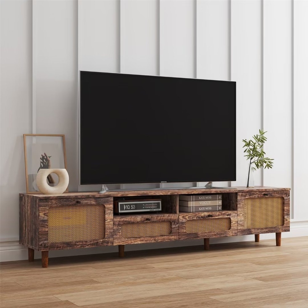 Farmhouse TV Stand Entertainment Center with 2 Doors and 2 Open Shelves   73 inches