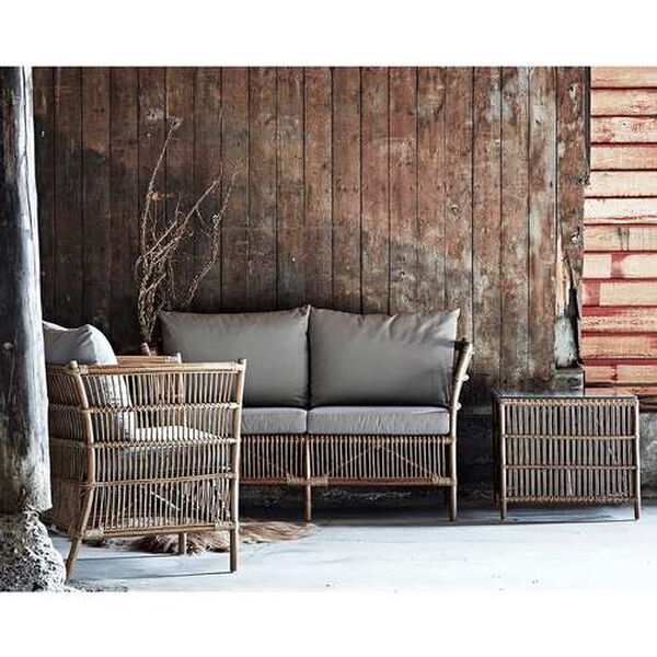 Donatello Antique Rattan Two-Seater Sofa with Sunbrella Sailcloth Seagull Seat and Back Cushion