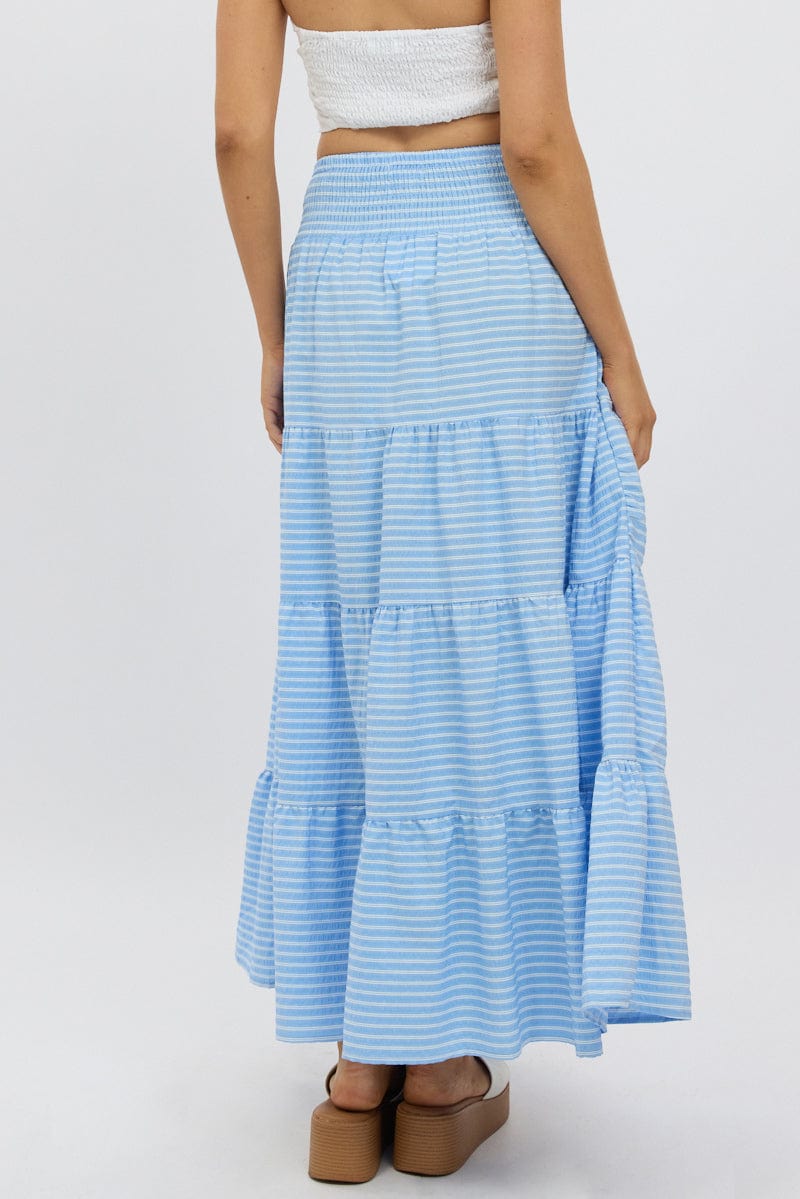Blue Stripe Maxi Skirt Shirred Waist Tiered Relaxed Fit
