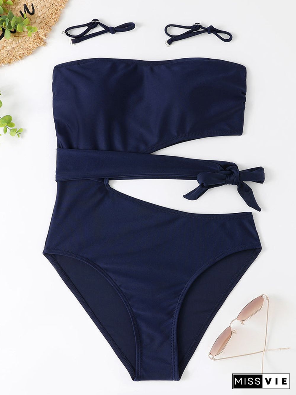 Solid Lace-up One Piece Swimwear