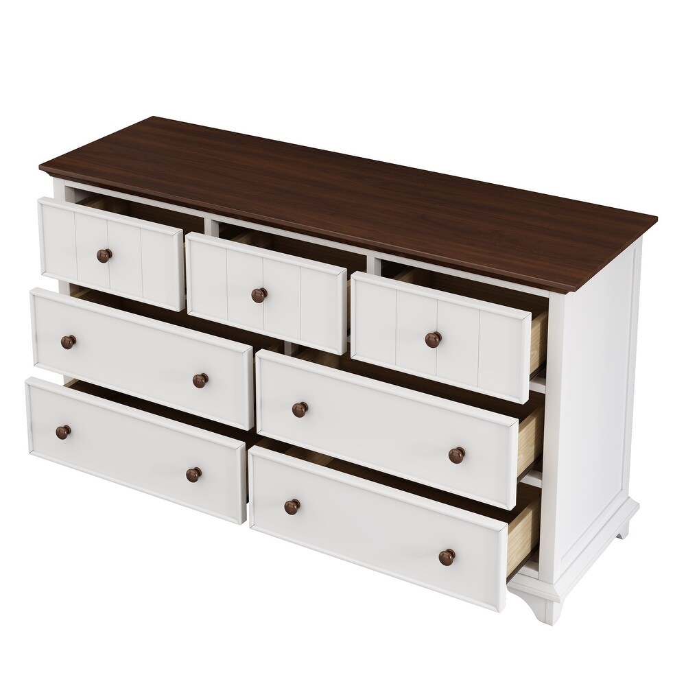 61inch Wooden 7 Drawer Dresser for Bedroom Living Room White+Walnut