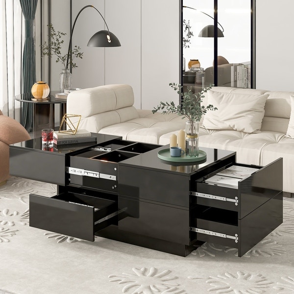 Extendable Coffee Table w/4 Drawers and Sliding Top， High-gloss Center Table