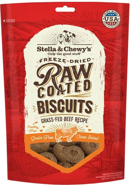 Stella and Chewy's Raw Coated Biscuits Grass-Fed Beef Recipe Freeze-Dried Grain-Free Dog Treats， 9-oz bag