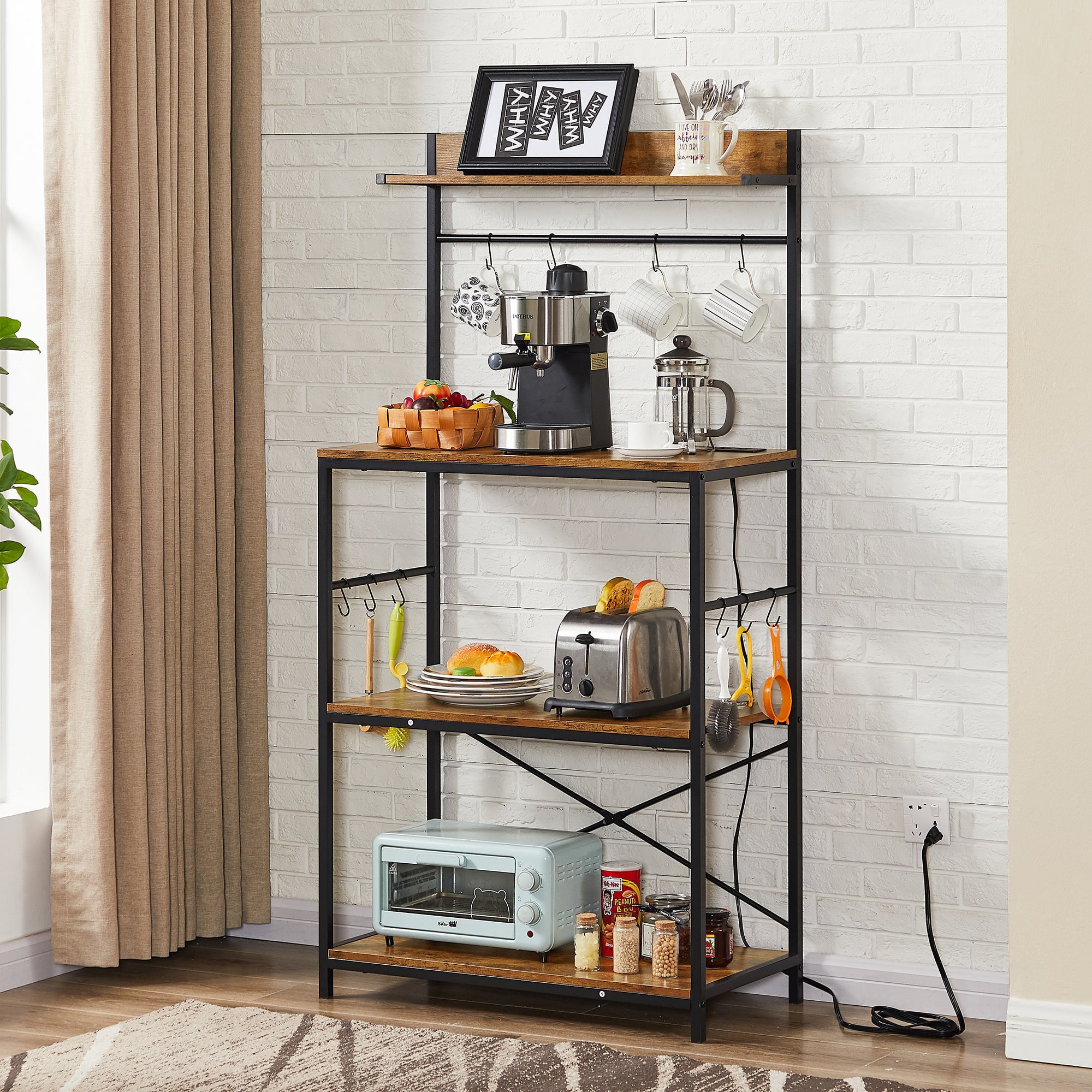 VECELO 4-Tier Baker's Rack with Power Outlets， Microwave Oven Stand with Wire Panel， Kitchen Storage Rack with 4 Hooks， Brown