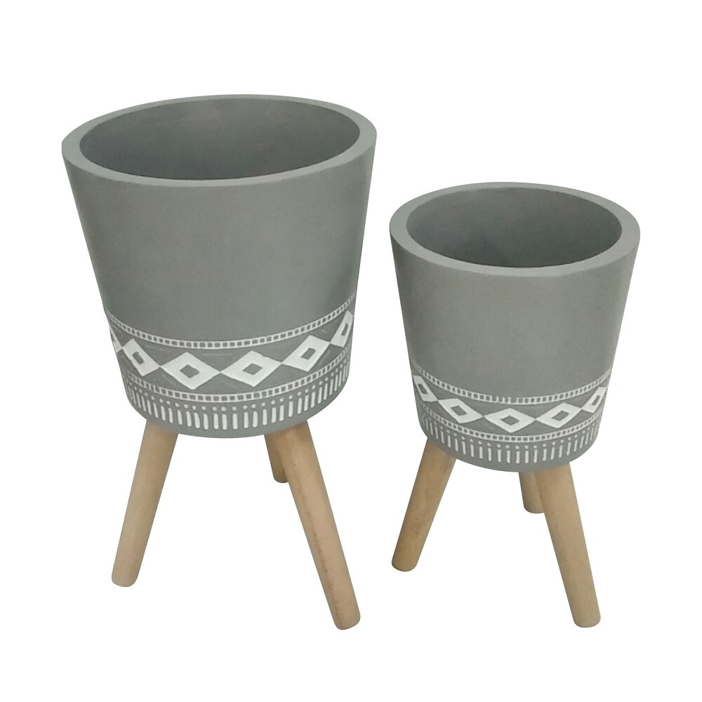 Grey Ceramic Planters on Wood Tripod Legs (Set of 2)   12.0\