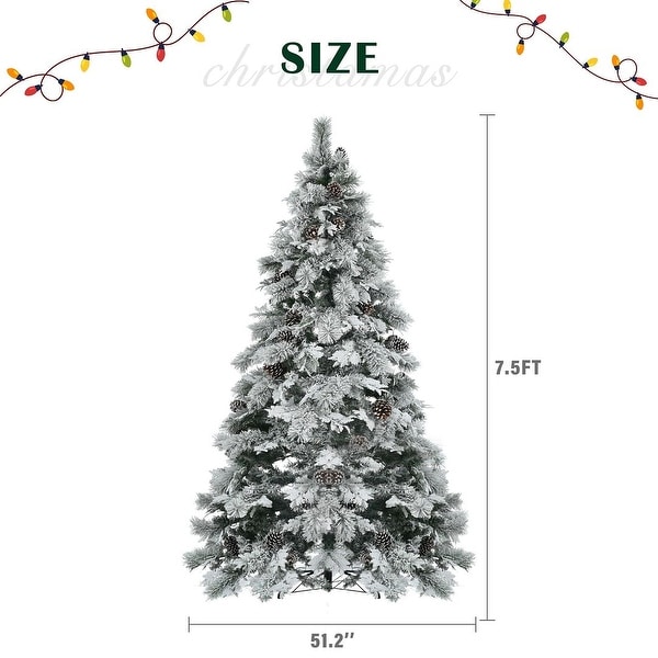 4/6/7.5FT PreLit Spruce Snow Flocked Christmas Tree，PE and PVC Artificial Lighted Xmas Tree with Cones，11 Flashing Modes