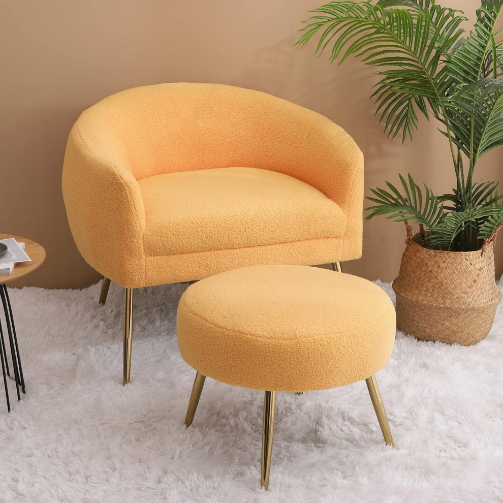 Modern Accent Chair With Ottoman  Golden Legs  ampPlush Teddy Fabric Seat  Yellow   Modern   Armchairs And Accent Chairs   by Decor Love  Houzz