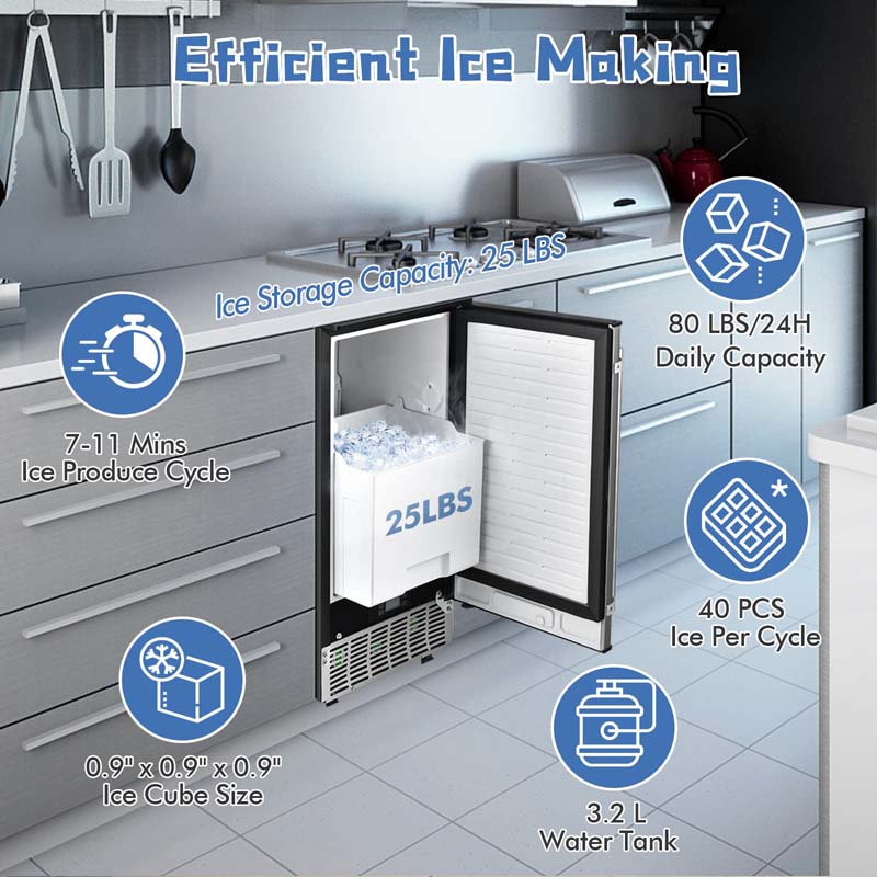 80LBS/24H Commercial Ice Machine Freestanding & Under Counter Ice Cube Maker with Drain Pump & 25lbs Ice Bin