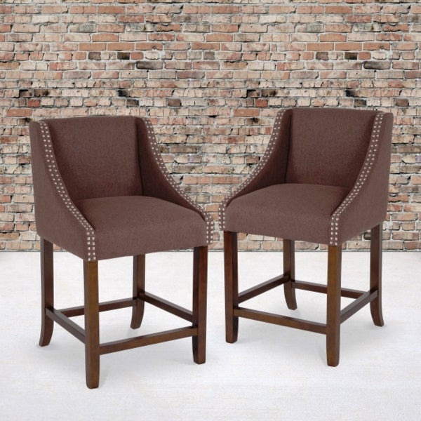 Brown Fabric Upholstered Counter Height Dining Stools with Nailhead Trim