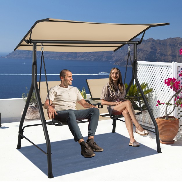 Costway 2 seat Outdoor Patio Swing Adjustable Canopy Tempered Glass Table Top Cup Holder