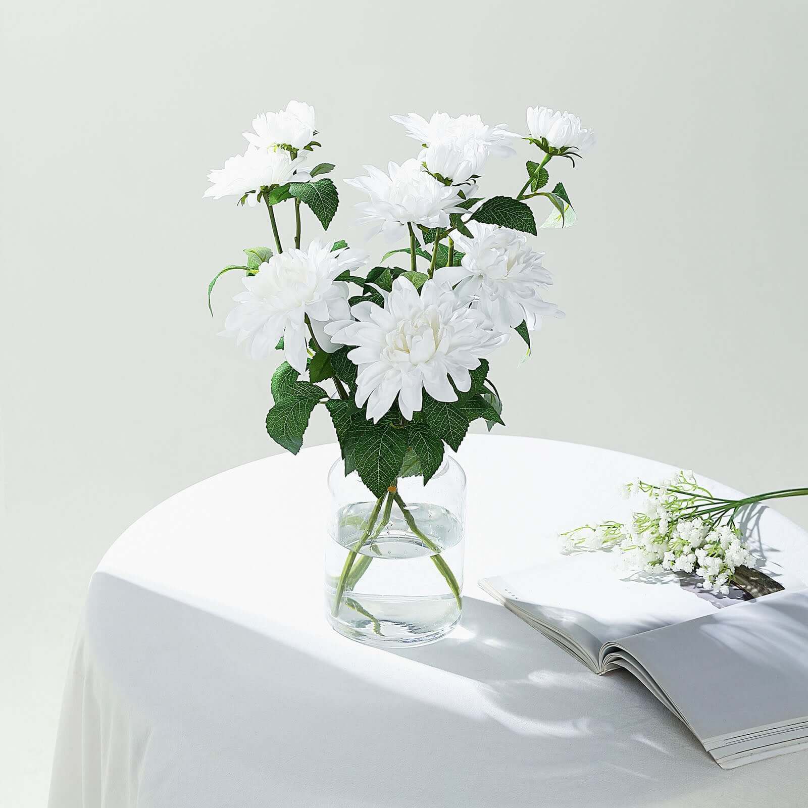 White Artificial Dahlia Silk Flower Stems, Faux Floral Spray 30