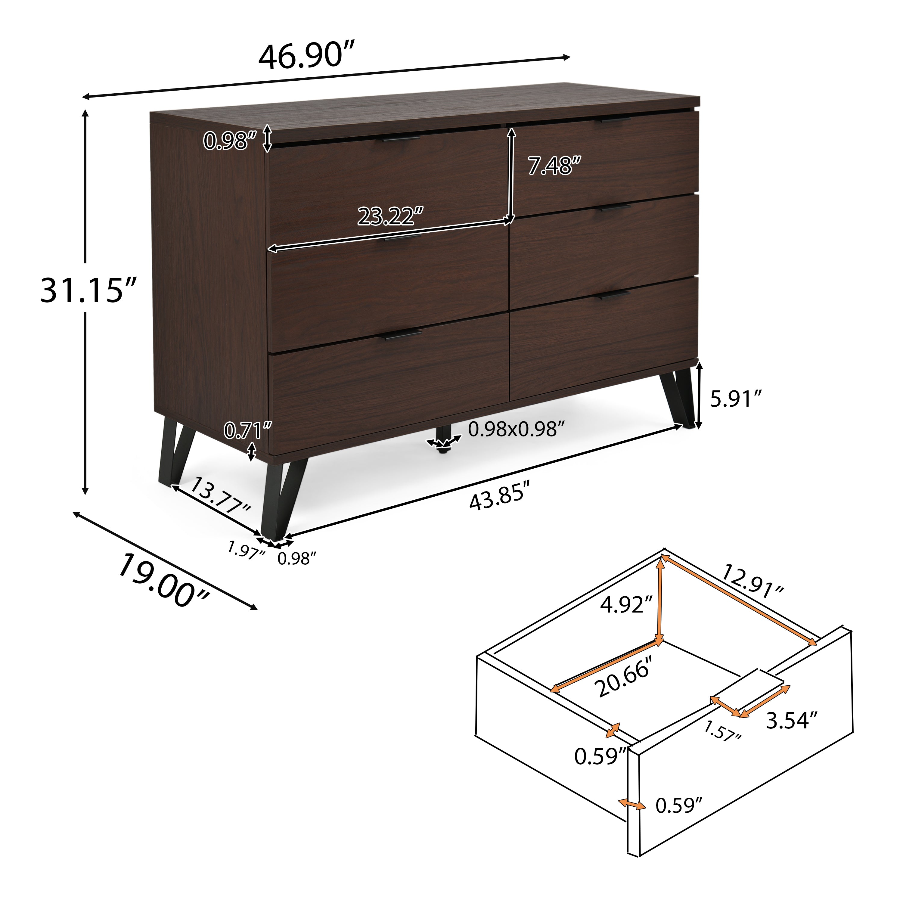 Demijen Modern Industrial 3 Piece Double Dresser and Nightstand Bedroom Set, Walnut and Matte Black