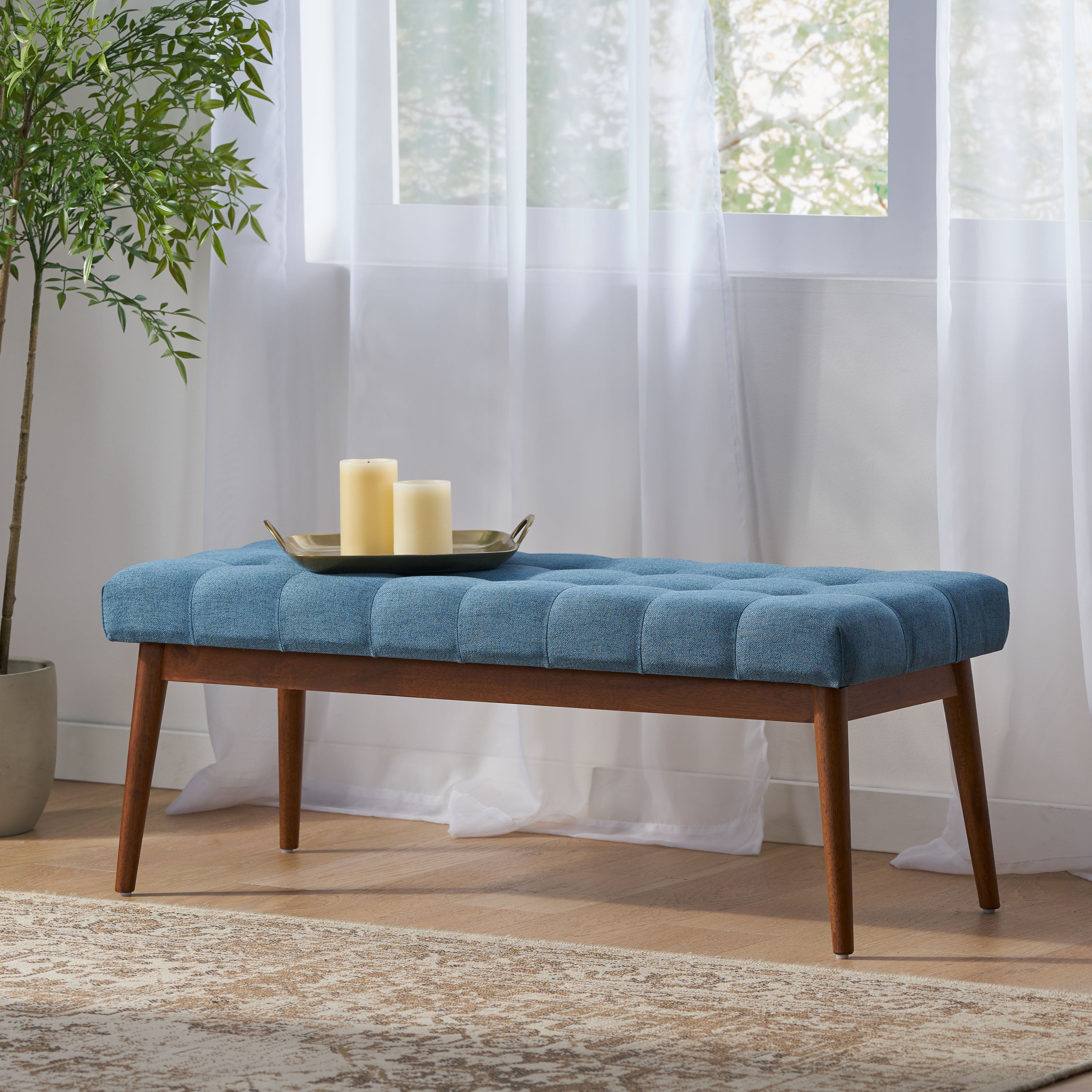 Flora Mid-Century Button Tufted Fabric Ottoman Bench with Tapered Legs