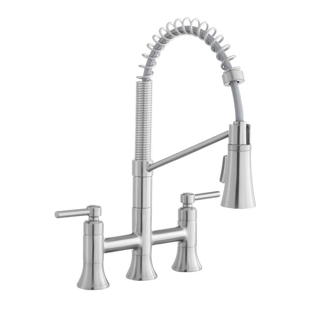 Glacier Bay Pritchard Double-Handle Spring Neck Pull-Down Sprayer Bridge Kitchen Faucet in Stainless Steel HD67080W-1008D2