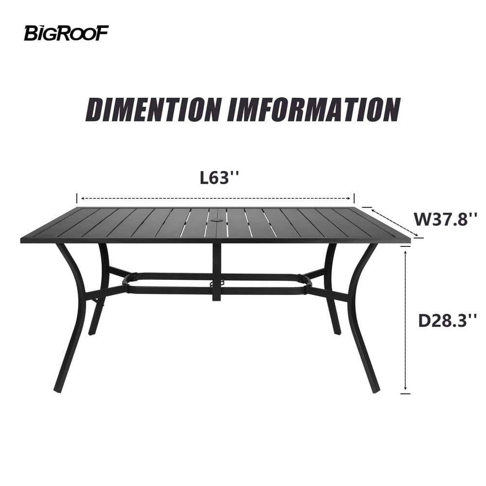 Bigroof Patio Classic Rectangle Metal Black 638221 Outdoor Dining Table with 157 in Umbrella Hole