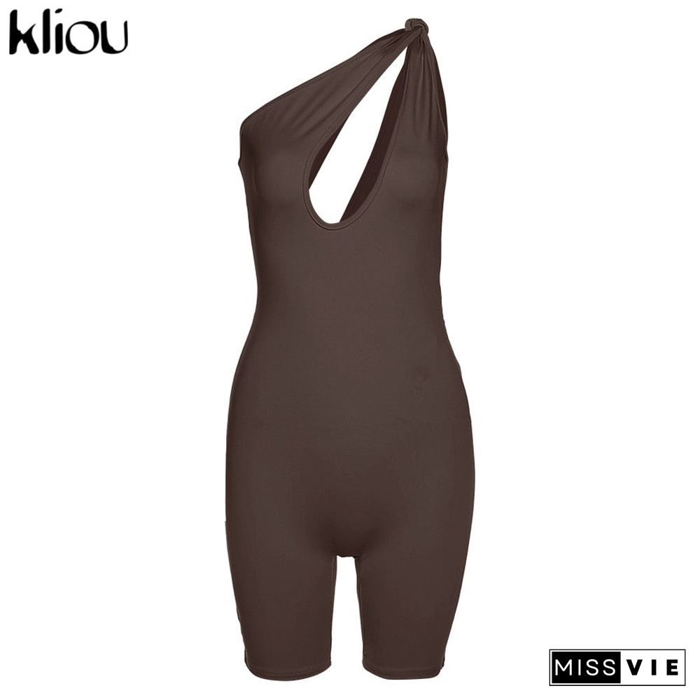 Kliou One Shoulder Cut Out Biker Shorts Rompers Sleeveless Sporty Workout Activewear Playsuits Solid Casual Women Clothing