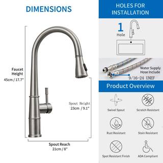 Satico Single-Handle Single-Hole 2-Spray Goose Neck Deck Mount 360-Degree Swivel Pull-Out Kitchen Faucet in Brushed Nickel SCKFDR003