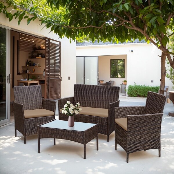 4 Piece Patio Conversation Wicker Furniture Set，Outdoor Rattan Sectional Furniture Set With Cushions