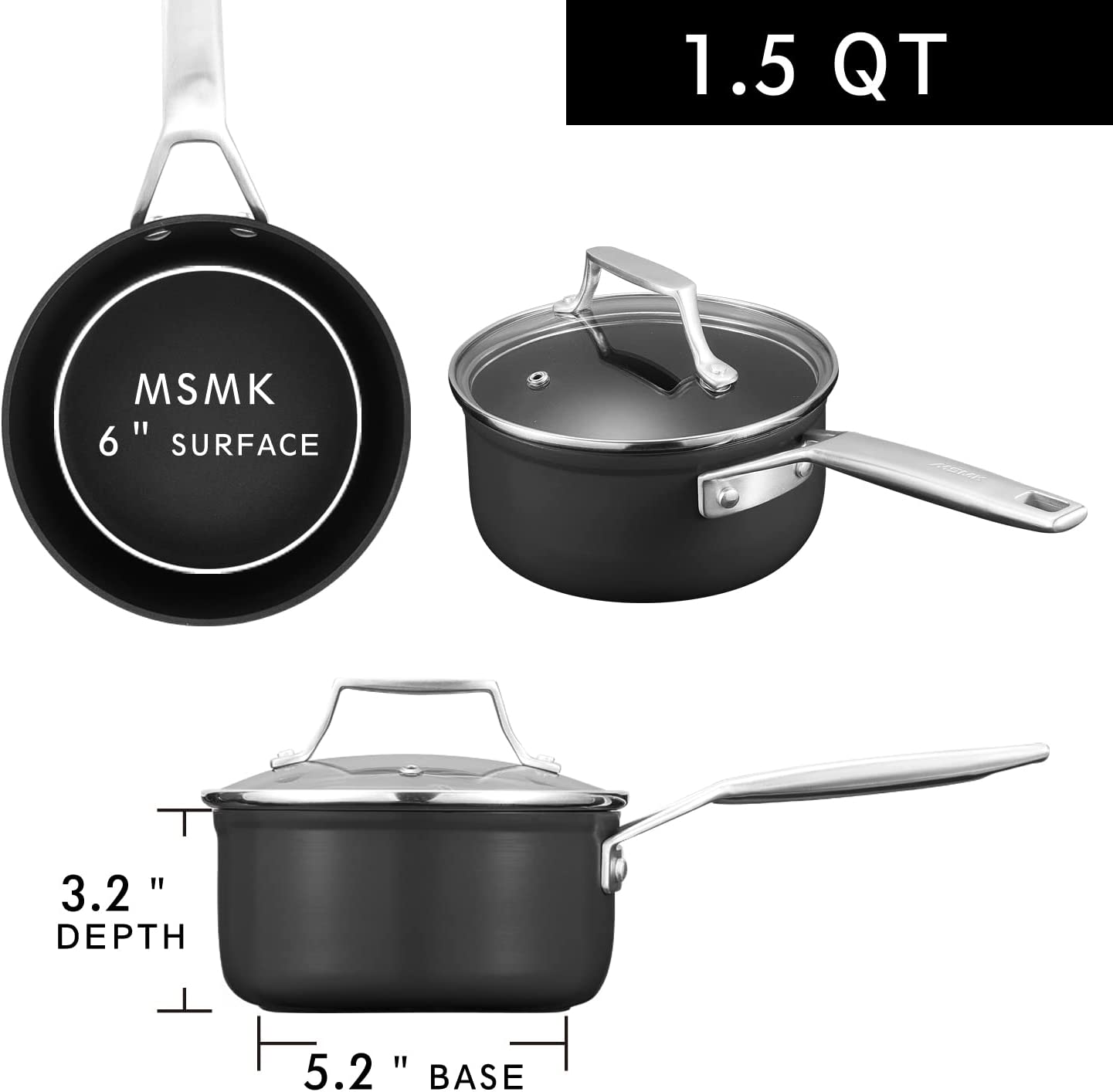 MSMK 1.5 Quart Saucepan with lid， Burnt also Non stick， Induction， Scratch-resistant， Small Cooking Pot