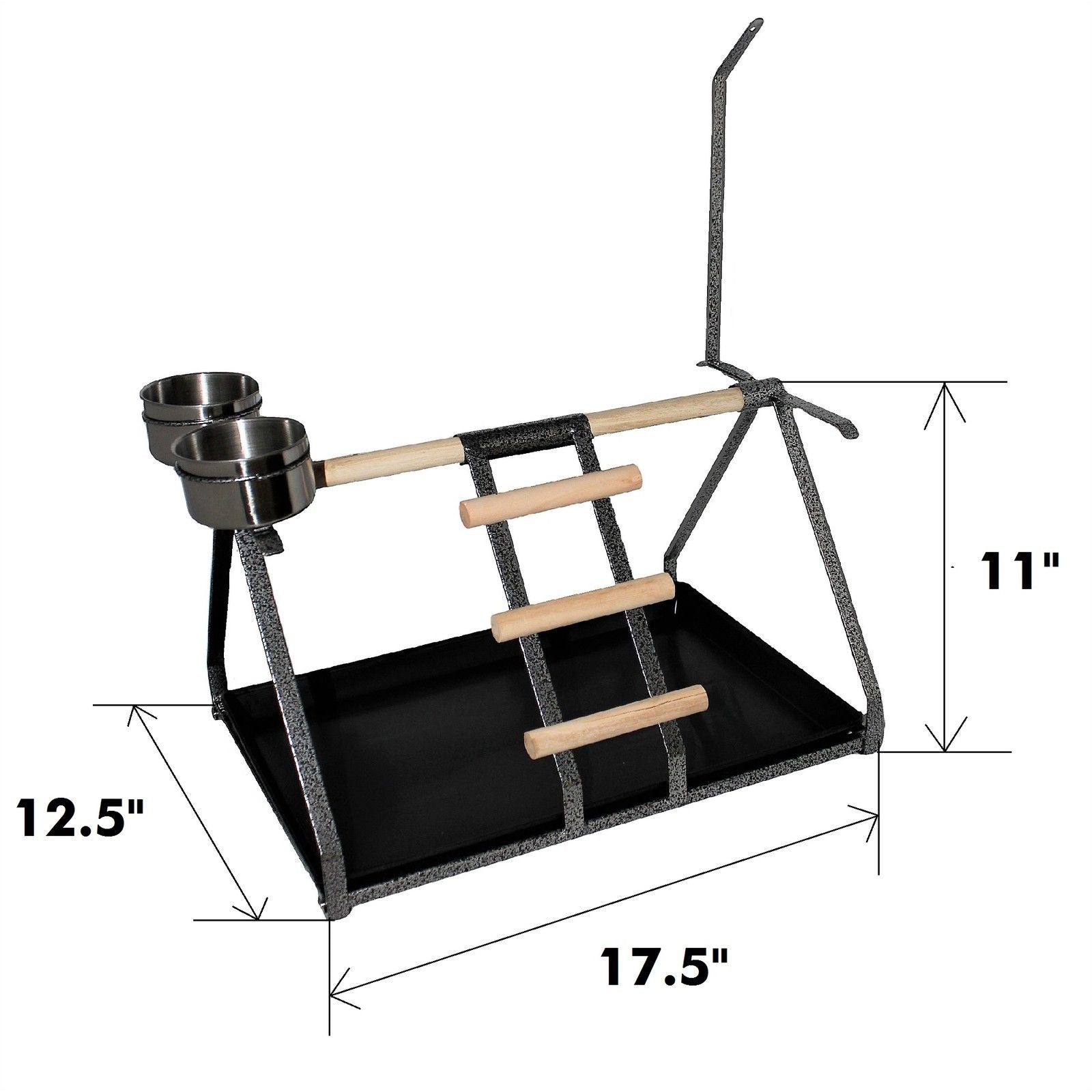 Parrot Bird Perch Table Top Stand Metal Wood 2 Steel Cups Play Medium Large Breeds