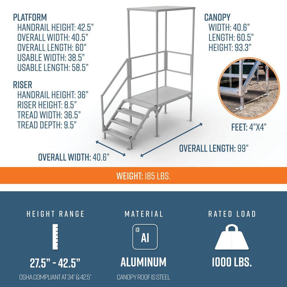 EZ-ACCESS FORTRESS 27.5 in. to 42.5 in. H OSHA Compliant Aluminum 4-Riser Stair System with Platform and Canopy FORC2742