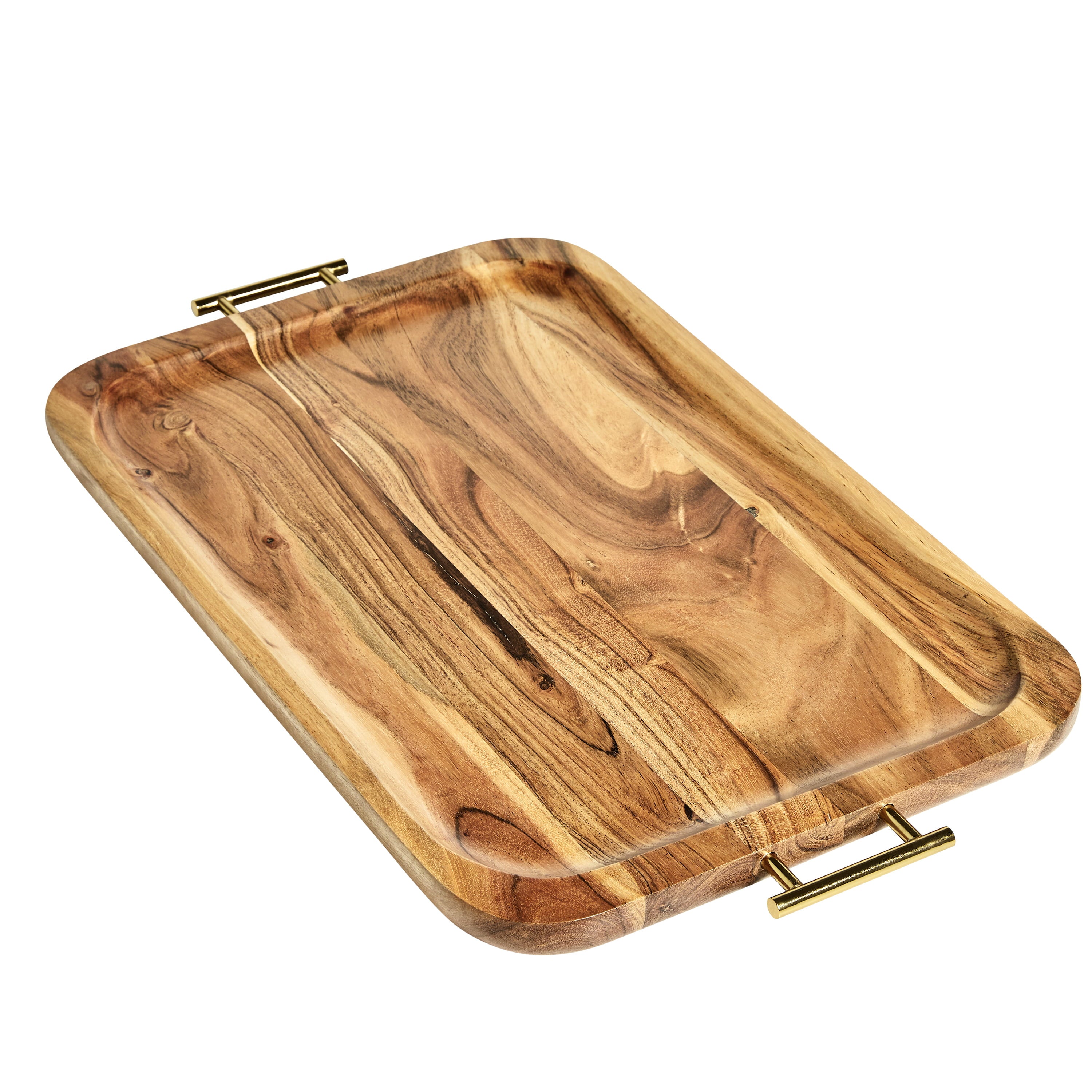 Better Homes and Gardens- Acacia Wood Rectangle Tray with Gold Color Handles， One Size