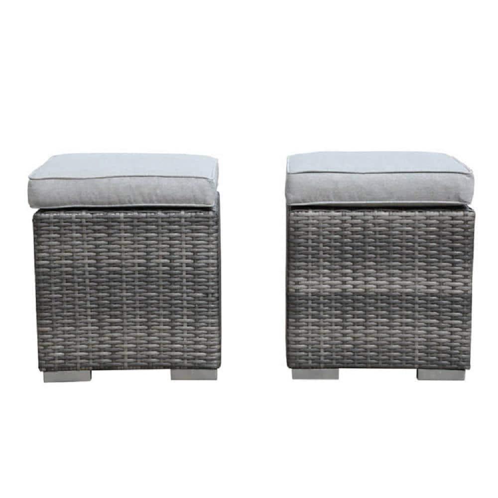 Patiorama 2Piece Wicker Outdoor Patio Ottomans with Grey Cushions