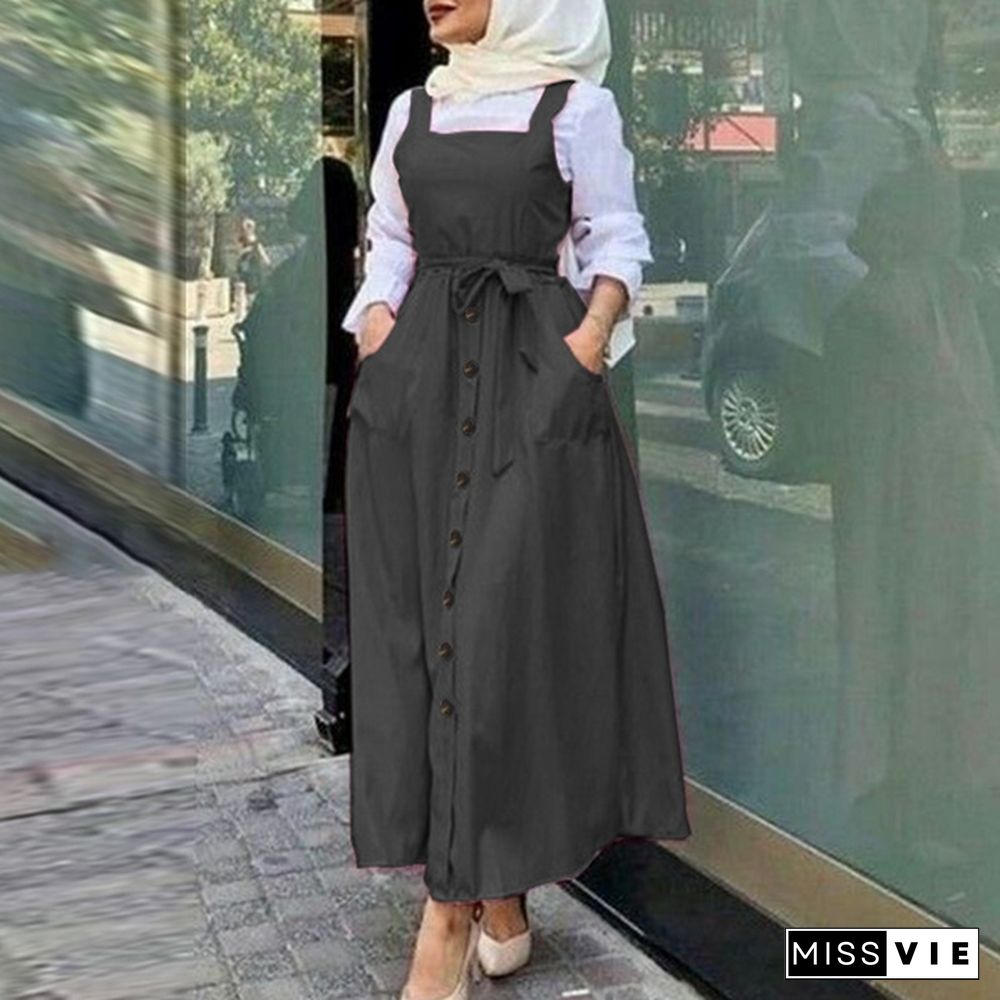 Autumn Women Muslim Abaya Oversized Dress Plain Casual Pinafores Mid-Calf Sundress Plus Size