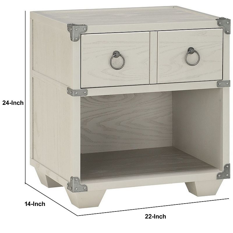 Two Drawer Wooden Nightstand with Metal Ring Pulls， Gray